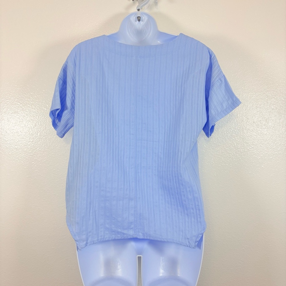 Embroidered Flower Shoulder Top Blue Ribbed Short Sleeve Boho Blouse Soft Girl - Picture 5 of 9